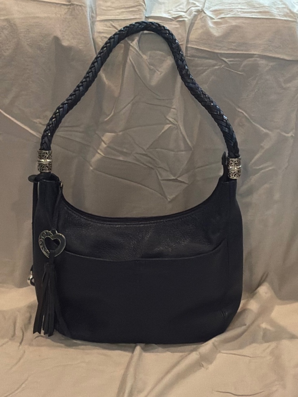 Brighton Barbados Black Leather Hobo Bag Braided Strap Heart Tassel